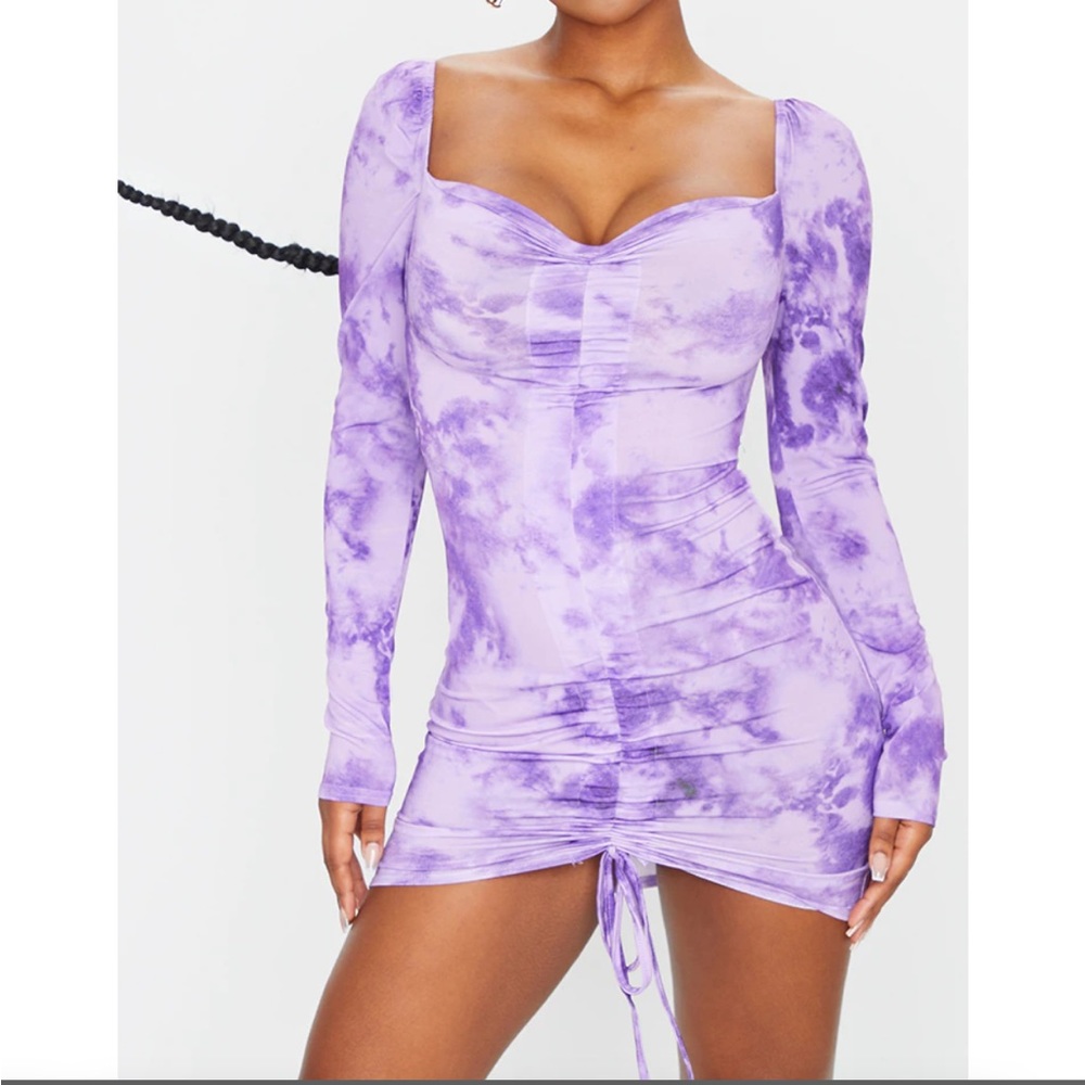PRETTYLITTLETHING Lilac washed tie ruched front bodycon dress